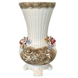 Vintage Capodimonte Large Footed Flower VASE Porcelain ITALY 12” x 7.2” Cherubs